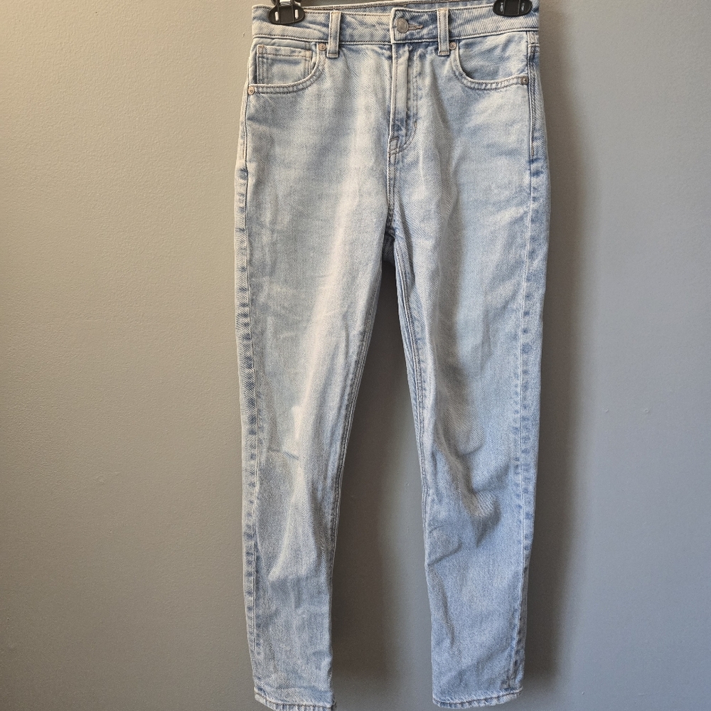 American Eagle Mom Jeans Women's 00 Blue Denim Stretch Straight Leg Medium Wash